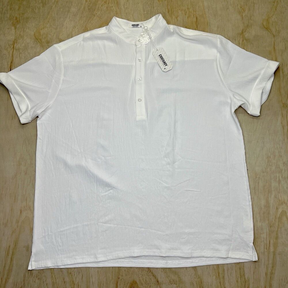 NEW XXL COOFANDY Mens Summer Henley Button Vacation Collarless Shirt White